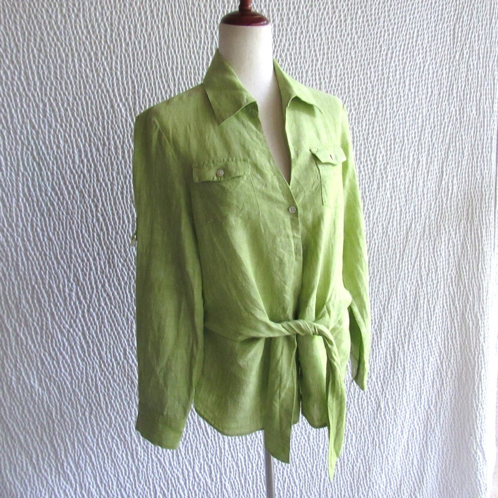 Jones New York Top Womens Sz M Green Linen Tie Front Roll Tab Lagenlook Button